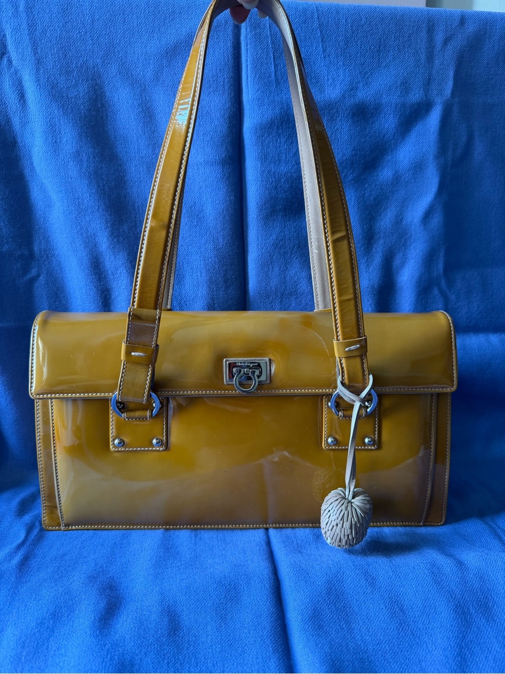 Salvatore Ferragamo Patent camel color Shoulder Bag with leather Charm Accent